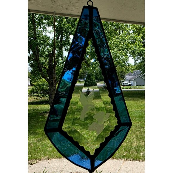 Vintage Stained Glass Hummingbird Sun Catcher Etched Bird Flower Handcrafted Art - Picture 2 of 9